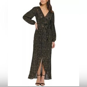 Guess Metallic-Striped Tulip Hem Maxi Long Sleeve Faux Wrap Dress 4 Black Gold
